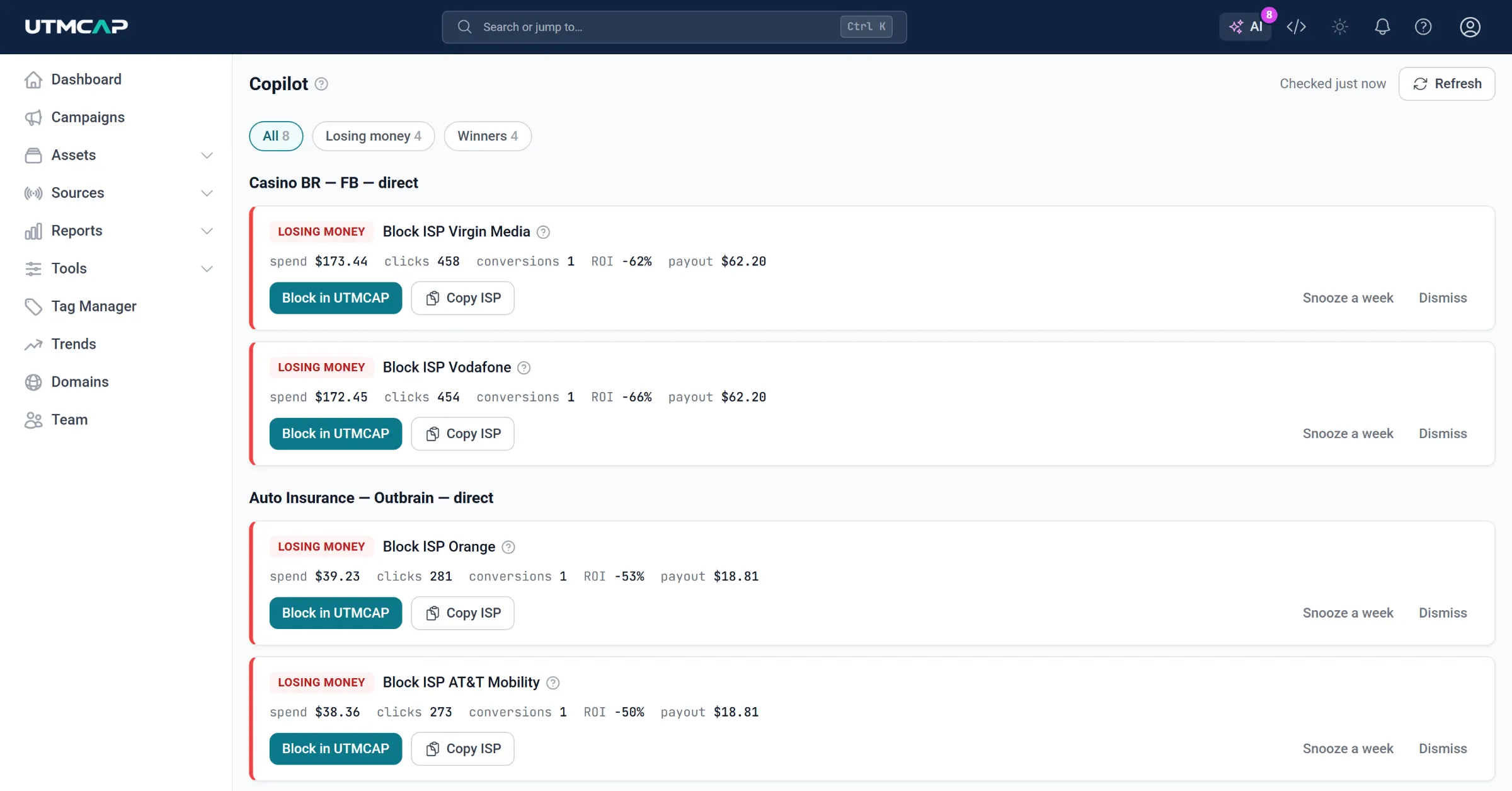 The Copilot's suggestions, filtered into Losing money and Winners: blocking ISPs that lost money on a Casino campaign and an Auto Insurance campaign, and an ISP converting at 1.6 times the campaign average, each with spend, clicks, conversions, ROI and payout, and buttons to act, snooze or dismiss.